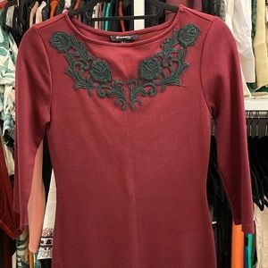 Burgundy Embroidered Half Length Sleeve Dress